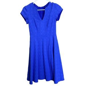 Nanette Lepore Women's Blue Fit & Flare V Neck Textured Cocktail‎ Dress Size 0